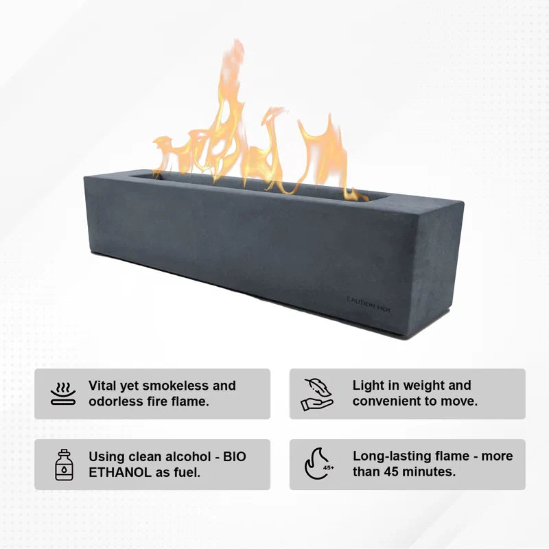 Rectangular Concrete Bio-Ethanol Tabletop Fireplace Indoor and Outdoor